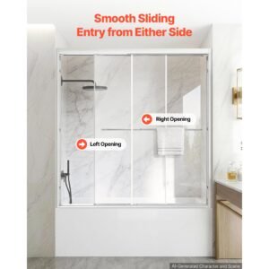 bathtub shower door 60" w x 60" h semi frameless bypass sliding doors, 1/4" clear tempered glass, aluminum slim frame, double sliding tub shower doors with 2 stainless steel handles, silver