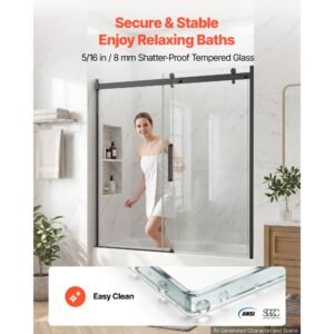 bathtub shower door 60" w x 60" h semi frameless sliding door black, 5/16" thick clear tempered glass, sliding tub shower door with 2 stainless steel handles, nano coating, for bathroom tubs
