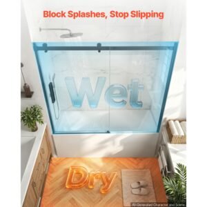 bathtub shower door 60" w x 60" h semi frameless sliding door black, 5/16" thick clear tempered glass, sliding tub shower door with 2 stainless steel handles, nano coating, for bathroom tubs
