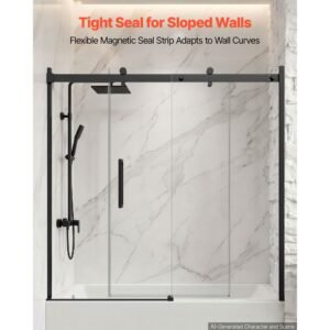 bathtub shower door 60" w x 60" h semi frameless sliding door black, 5/16" thick clear tempered glass, sliding tub shower door with 2 stainless steel handles, nano coating, for bathroom tubs