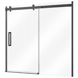Bathtub Shower Door 60" W x 60" H Semi-Frameless Sliding Door Black, 5/16" Thick Clear Tempered Glass, Sliding Tub Shower Door with 2 Stainless Steel Handles, Nano Coating, for Bathroom Tubs