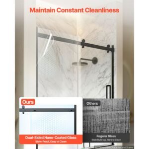 bathtub shower door 60" w x 60" h semi frameless sliding door black, 5/16" thick clear tempered glass, sliding tub shower door with 2 stainless steel handles, nano coating, for bathroom tubs