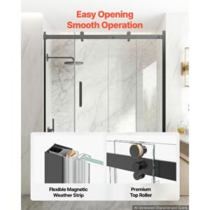 bathtub shower door 60" w x 60" h semi frameless sliding door black, 5/16" thick clear tempered glass, sliding tub shower door with 2 stainless steel handles, nano coating, for bathroom tubs