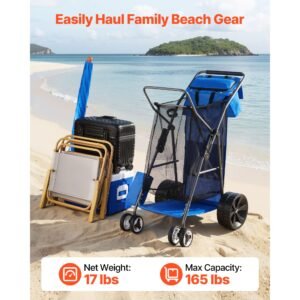 beach cart with large wheels for sand, 165 lbs load capacity, heavy duty folding beach wagon with 10" solid wheels, insulated cooler bag, umbrella holder, holds 4 chairs for camping & fishing