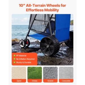 beach cart with large wheels for sand, 165 lbs load capacity, heavy duty folding beach wagon with 10" solid wheels, insulated cooler bag, umbrella holder, holds 4 chairs for camping & fishing