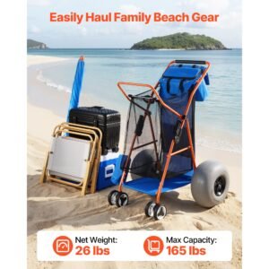 beach cart with large wheels for sand, 165 lbs load capacity, heavy duty folding beach wagon with 12" balloon wheels, insulated cooler bag, umbrella holder, holds 4 chairs for camping & fishing