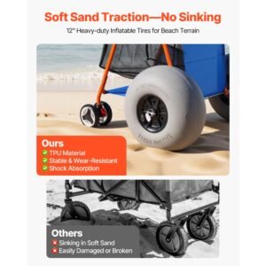 beach cart with large wheels for sand, 165 lbs load capacity, heavy duty folding beach wagon with 12" balloon wheels, insulated cooler bag, umbrella holder, holds 4 chairs for camping & fishing