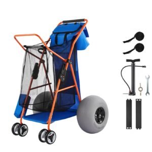 Beach Cart with Large Wheels for Sand, 165 lbs Load Capacity, Heavy Duty Folding Beach Wagon with 12" Balloon Wheels, Insulated Cooler Bag, Umbrella Holder, Holds 4 Chairs for Camping & Fishing