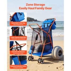 beach cart with large wheels for sand, 165 lbs load capacity, heavy duty folding beach wagon with 12" balloon wheels, insulated cooler bag, umbrella holder, holds 4 chairs for camping & fishing