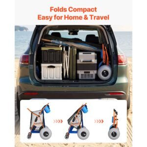 beach cart with large wheels for sand, 165 lbs load capacity, heavy duty folding beach wagon with 12" balloon wheels, insulated cooler bag, umbrella holder, holds 4 chairs for camping & fishing