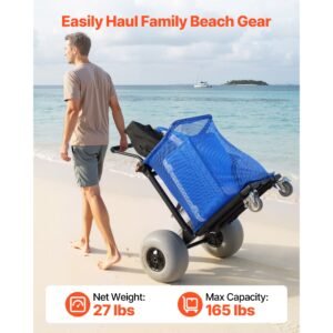 beach cart with large wheels for sand, 165 lbs load capacity, heavy duty folding beach wagon with 12" balloon wheels, storage bag, 180° adjustable handlebar, dolly for camping fishing garden