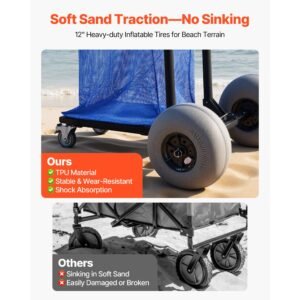 beach cart with large wheels for sand, 165 lbs load capacity, heavy duty folding beach wagon with 12" balloon wheels, storage bag, 180° adjustable handlebar, dolly for camping fishing garden