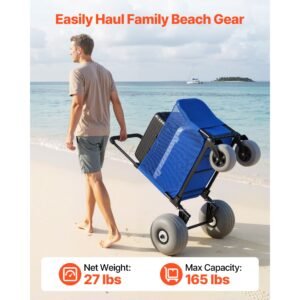 beach cart with large wheels for sand, 165 lbs load capacity, heavy duty folding beach wagon with 12" balloon wheels, storage bag, 33" to 45" adjustable height, dolly for camping fishing garden