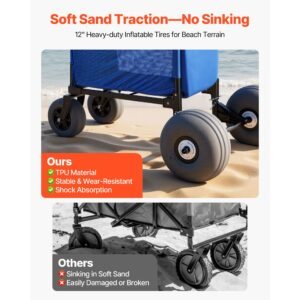 beach cart with large wheels for sand, 165 lbs load capacity, heavy duty folding beach wagon with 12" balloon wheels, storage bag, 33" to 45" adjustable height, dolly for camping fishing garden