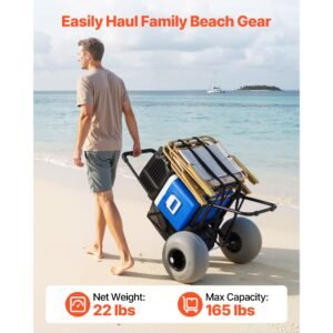beach dolly with big wheels for sand, 18" x 15" cargo deck, folding sand cart with 12" balloon wheels, 165 lbs loading capacity & 34" to 45" adjustable height, heavy duty cart for beach camping