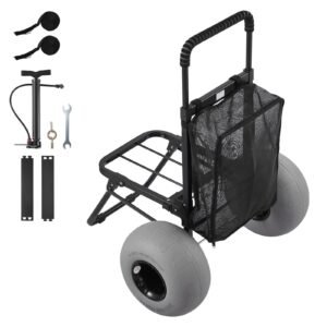 Beach Dolly with Big Wheels for Sand, 18" x 15" Cargo Deck, Folding Sand Cart with 12" Balloon Wheels, 165 lbs Loading Capacity & 34" to 45" Adjustable Height, Heavy Duty Cart for Beach Camping