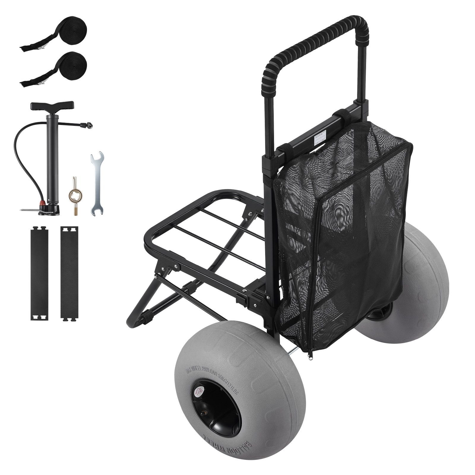 beach dolly with big wheels for sand, 18" x 15" cargo deck, folding sand cart with 12" balloon wheels, 165 lbs loading capacity & 34" to 45" adjustable height, heavy duty cart for beach camping