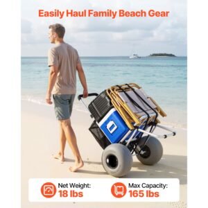 beach dolly with big wheels for sand, 20" x 15" cargo deck, folding sand cart with 12" balloon wheels, 165 lbs loading capacity & 34" to 46" adjustable height, heavy duty cart for beach camping