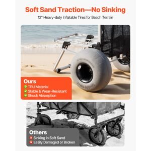 beach dolly with big wheels for sand, 20" x 15" cargo deck, folding sand cart with 12" balloon wheels, 165 lbs loading capacity & 34" to 46" adjustable height, heavy duty cart for beach camping