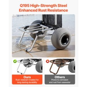 beach dolly with big wheels for sand, 20" x 15" cargo deck, folding sand cart with 12" balloon wheels, 165 lbs loading capacity & 34" to 46" adjustable height, heavy duty cart for beach camping