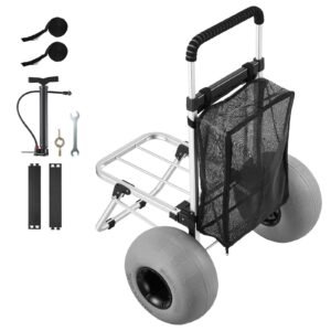 Beach Dolly with Big Wheels for Sand, 20" x 15" Cargo Deck, Folding Sand Cart with 12" Balloon Wheels, 165 lbs Loading Capacity & 34" to 46" Adjustable Height, Heavy Duty Cart for Beach Camping