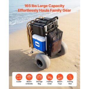 beach dolly with big wheels for sand, 20" x 15" cargo deck, folding sand cart with 12" balloon wheels, 165 lbs loading capacity & 34" to 46" adjustable height, heavy duty cart for beach camping