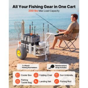 beach fishing cart, 200 lbs load capacity, fishing cart wagon with heavy duty carbon steel frame, 13 inch all terrain pu balloon tires, 7 rod holders, for outdoor activities camping picnic