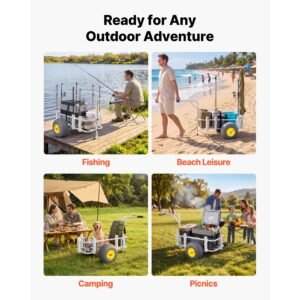 beach fishing cart, 200 lbs load capacity, fishing cart wagon with heavy duty carbon steel frame, 13 inch all terrain pu balloon tires, 7 rod holders, for outdoor activities camping picnic