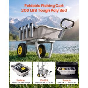beach fishing cart, 200 lbs load capacity, fishing cart with poly bed, heavy duty aluminum alloy frame, 13 inch all terrain tires, 8 rod holders, strap, easy to clean, for outdoor camping picnic