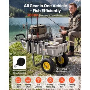 beach fishing cart, 200 lbs load capacity, fishing cart with poly bed, heavy duty aluminum alloy frame, 13 inch all terrain tires, 8 rod holders, strap, easy to clean, for outdoor camping picnic
