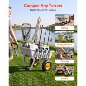 beach fishing cart, 200 lbs load capacity, fishing cart with poly bed, heavy duty aluminum alloy frame, 13 inch all terrain tires, 8 rod holders, strap, easy to clean, for outdoor camping picnic