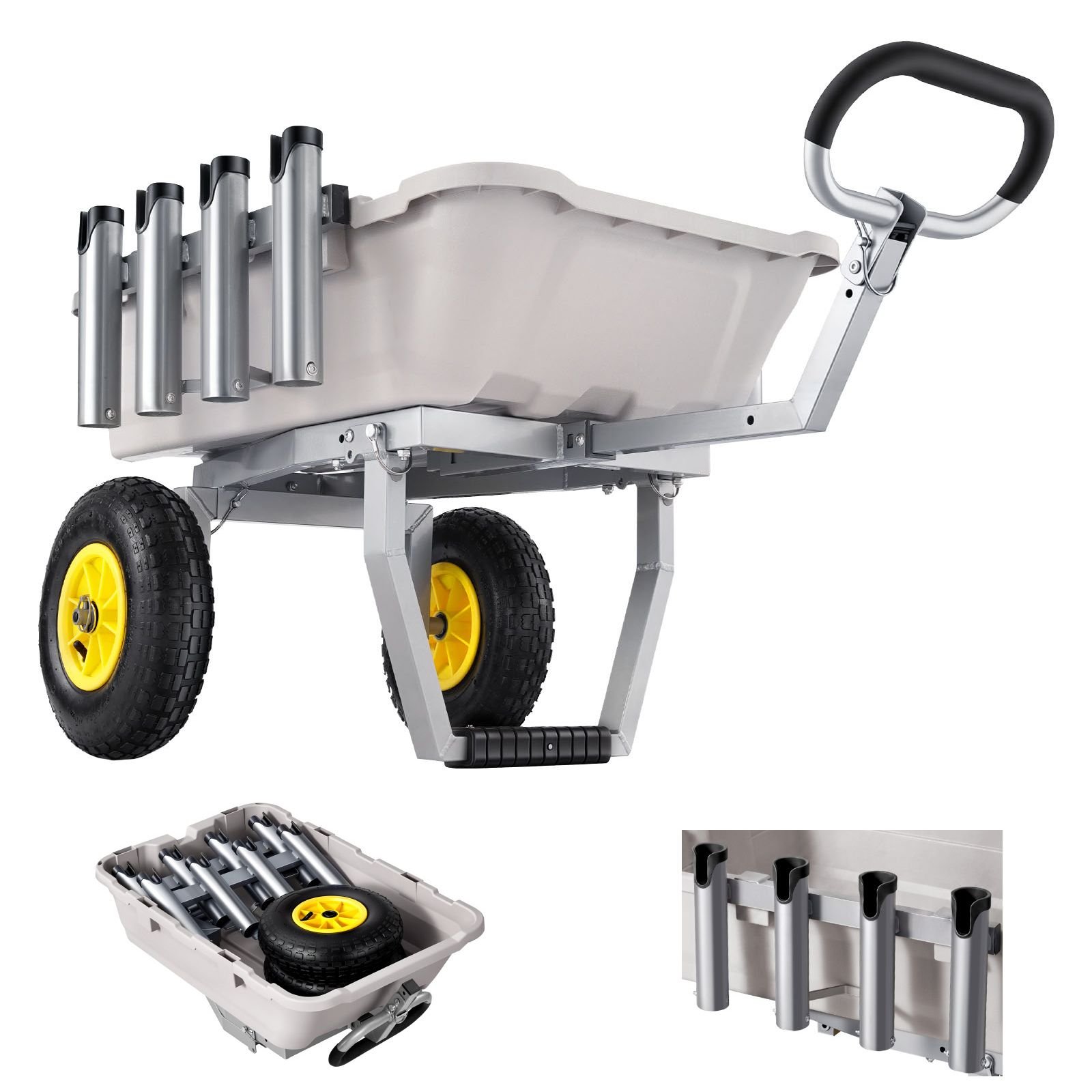 beach fishing cart, 200 lbs load capacity, fishing cart with poly bed, heavy duty aluminum alloy frame, 13 inch all terrain tires, 8 rod holders, strap, easy to clean, for outdoor camping picnic