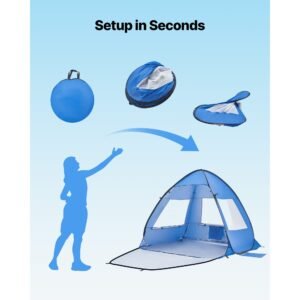 beach tent sun shelter for 2 person, upf 50+ protection, portable sun shade canopy with carrying bag & sand pockets, lightweight and easy setup beach umbrella for camping fishing outdoor picnic