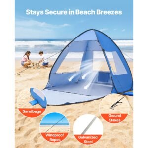 beach tent sun shelter for 2 person, upf 50+ protection, portable sun shade canopy with carrying bag & sand pockets, lightweight and easy setup beach umbrella for camping fishing outdoor picnic