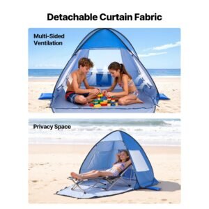 beach tent sun shelter for 2 person, upf 50+ protection, portable sun shade canopy with carrying bag & sand pockets, lightweight and easy setup beach umbrella for camping fishing outdoor picnic