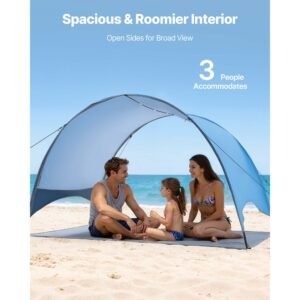 beach tent sun shelter for 3 person, upf 50+ protection, portable sun shade canopy with carrying bag & ground stakes, lightweight and easy setup beach umbrella for camping fishing outdoor picnic