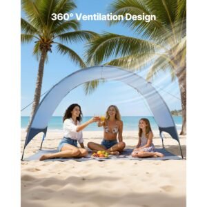 beach tent sun shelter for 3 person, upf 50+ protection, portable sun shade canopy with carrying bag & ground stakes, lightweight and easy setup beach umbrella for camping fishing outdoor picnic