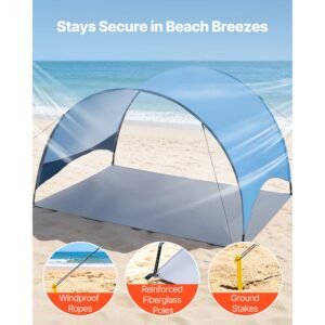 beach tent sun shelter for 3 person, upf 50+ protection, portable sun shade canopy with carrying bag & ground stakes, lightweight and easy setup beach umbrella for camping fishing outdoor picnic
