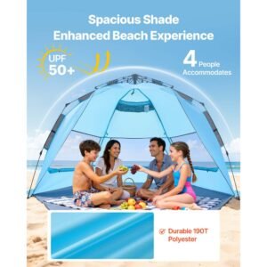 beach tent sun shelter for 4 person, pop up beach tent upf 50+ protection, portable sun shade canopy with carrying bag and sand pockets, easy setup umbrella for camping fishing outdoor picnic