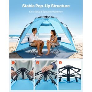 beach tent sun shelter for 4 person, pop up beach tent upf 50+ protection, portable sun shade canopy with carrying bag and sand pockets, easy setup umbrella for camping fishing outdoor picnic