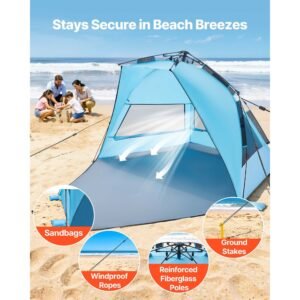 beach tent sun shelter for 4 person, pop up beach tent upf 50+ protection, portable sun shade canopy with carrying bag and sand pockets, easy setup umbrella for camping fishing outdoor picnic