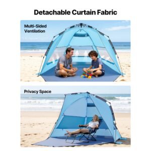 beach tent sun shelter for 4 person, pop up beach tent upf 50+ protection, portable sun shade canopy with carrying bag and sand pockets, easy setup umbrella for camping fishing outdoor picnic