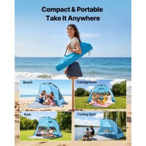 beach tent sun shelter for 4 person, pop up beach tent upf 50+ protection, portable sun shade canopy with carrying bag and sand pockets, easy setup umbrella for camping fishing outdoor picnic