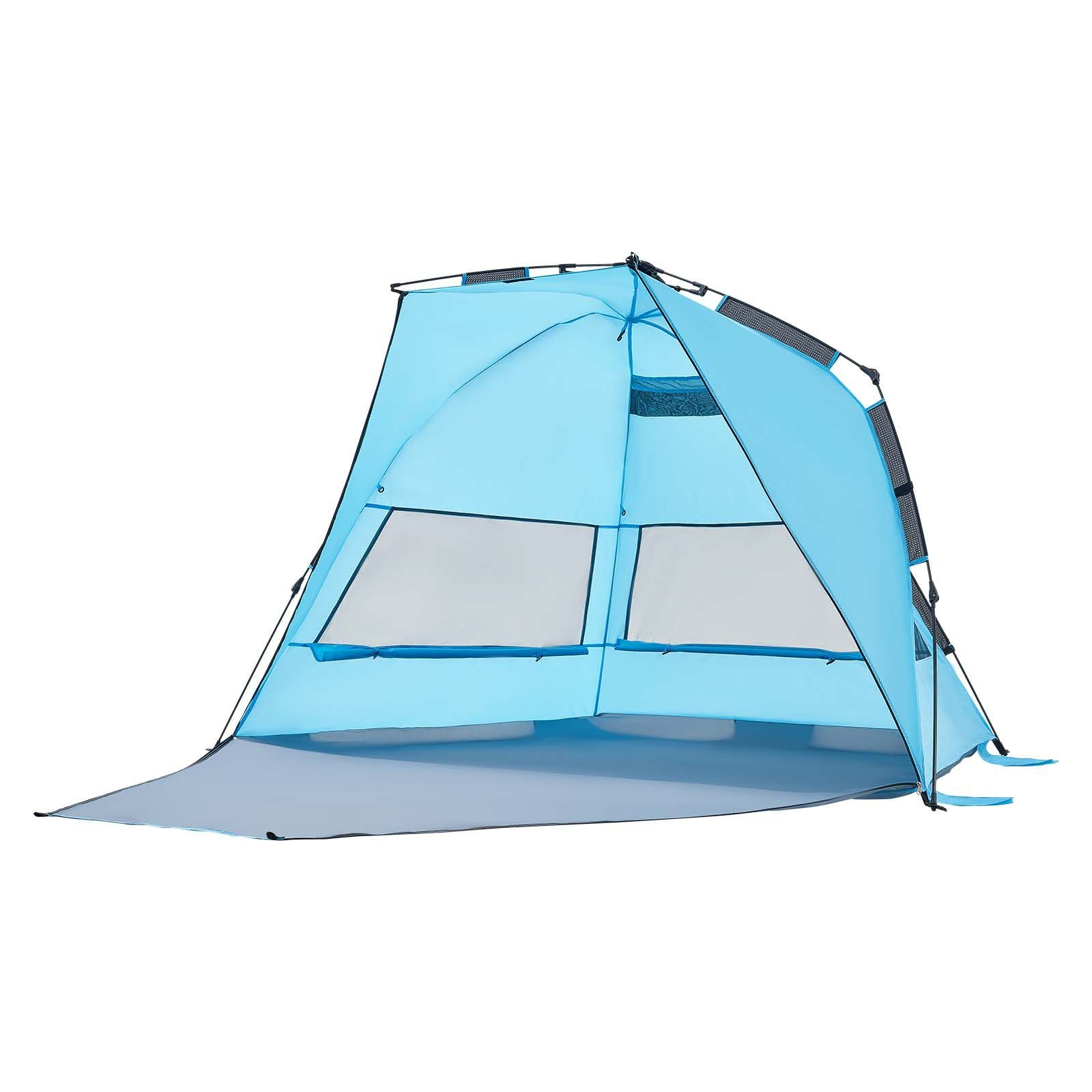 beach tent sun shelter for 4 person, pop up beach tent upf 50+ protection, portable sun shade canopy with carrying bag and sand pockets, easy setup umbrella for camping fishing outdoor picnic