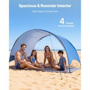 beach tent sun shelter for 4 person, upf 50+ protection, portable sun shade canopy with carrying bag & ground stakes, lightweight and easy setup beach umbrella for camping fishing outdoor picnic