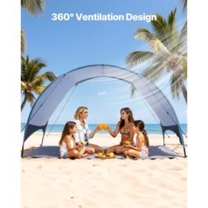 beach tent sun shelter for 4 person, upf 50+ protection, portable sun shade canopy with carrying bag & ground stakes, lightweight and easy setup beach umbrella for camping fishing outdoor picnic