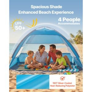 beach tent sun shelter for 4 person, upf 50+ protection, portable sun shade canopy with carrying bag & sand pockets, lightweight and easy setup beach umbrella for camping fishing outdoor picnic