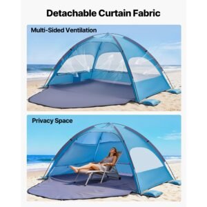 beach tent sun shelter for 4 person, upf 50+ protection, portable sun shade canopy with carrying bag & sand pockets, lightweight and easy setup beach umbrella for camping fishing outdoor picnic