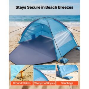 beach tent sun shelter for 4 person, upf 50+ protection, portable sun shade canopy with carrying bag & sand pockets, lightweight and easy setup beach umbrella for camping fishing outdoor picnic