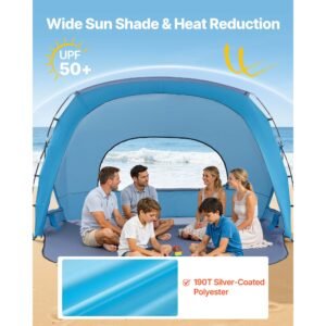 beach tent sun shelter for 6 person, upf 50+ protection, portable sun shade canopy with carrying bag & sand pockets, lightweight and easy setup beach umbrella for family camping outdoor picnic